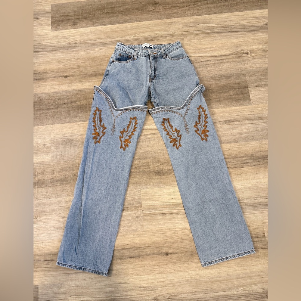 Fashion Nova Light Blue Denim Wide Leg Jeans with Brown Embroidery